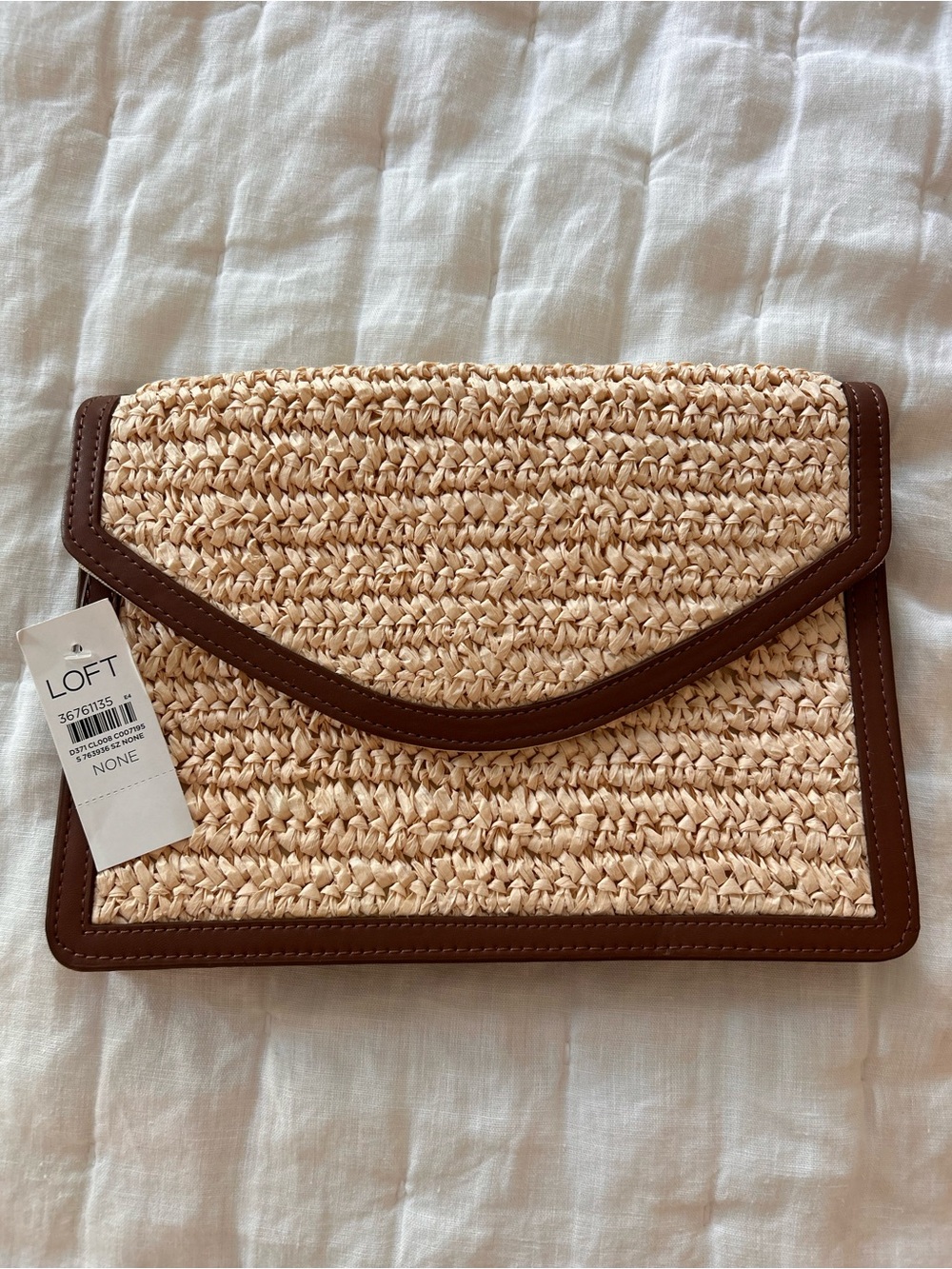 LOFT Beige Woven Envelope Clutch with Brown Trim